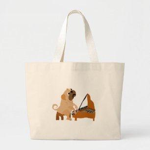 Bolsa Tote Grande Cão engraçado do Pug que joga o piano