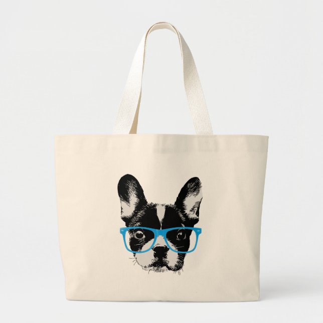 Bolsa Tote Grande Cão Nerdy do buldogue francês do hipster (Frente)