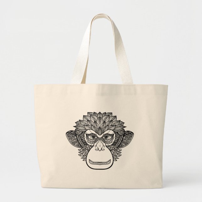 Bolsa Tote Grande Cara do Doodle do macaco (Frente)