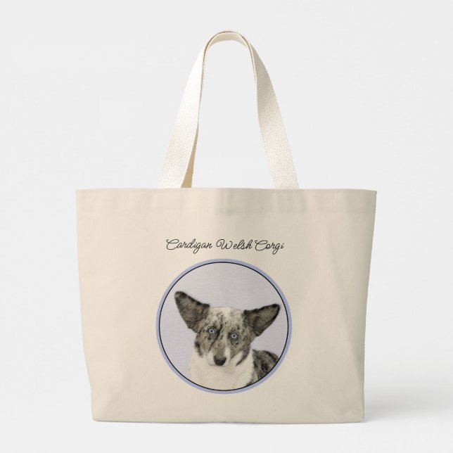 Bolsa Tote Grande Cardigan Welsh Corgi Blue Merle Painting Dog Art (Verso)