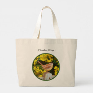 Bolsa Tote Grande Carolina Wren em pintura de cerca de arte original