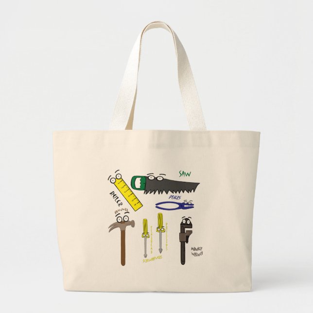 Bolsa Tote Grande Carpenter Tools Whimsical Cartoon Art (Frente)