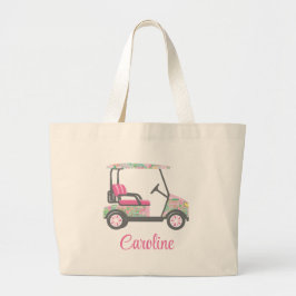 Bolsa Tote Grande Carrinho de Golfe de Palma Rosa e Verde Personaliz