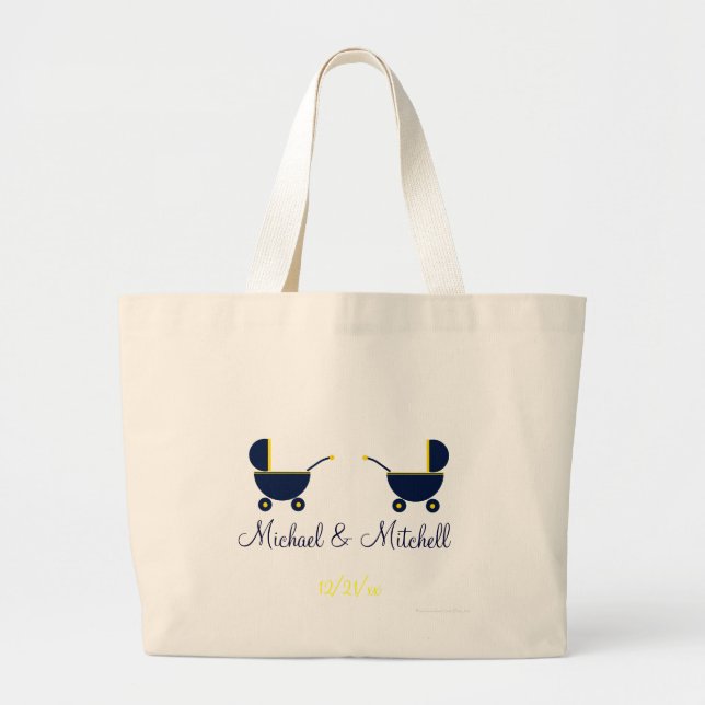 Bolsa Tote Grande "Carruagems de bebê azul gêmeas" - com nomes [a] (Frente)