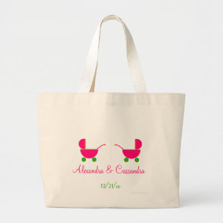 Bolsa Tote Grande "Carruagems de bebê cor-de-rosa gêmeas" - com