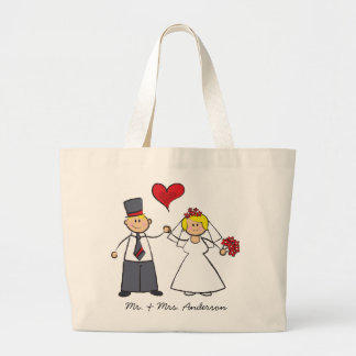 Bolsa Tote Grande Cartoon Casal Noiva e Coração Vermelho de Groom