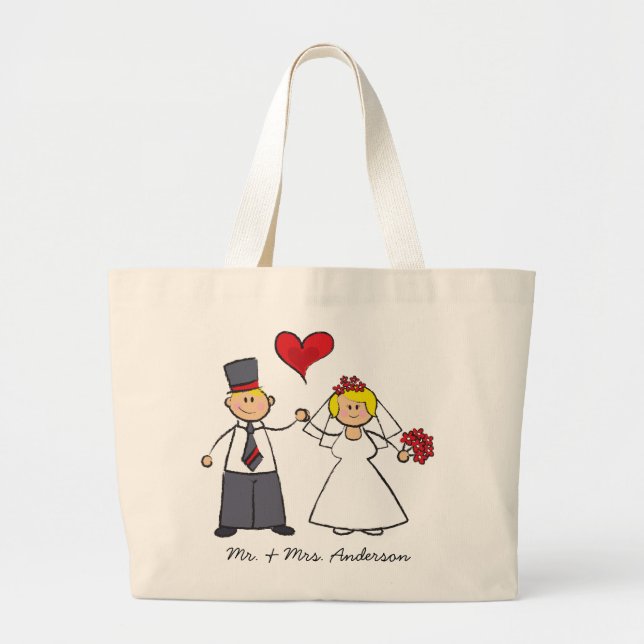 Bolsa Tote Grande Cartoon Casal Noiva e Coração Vermelho de Groom (Frente)