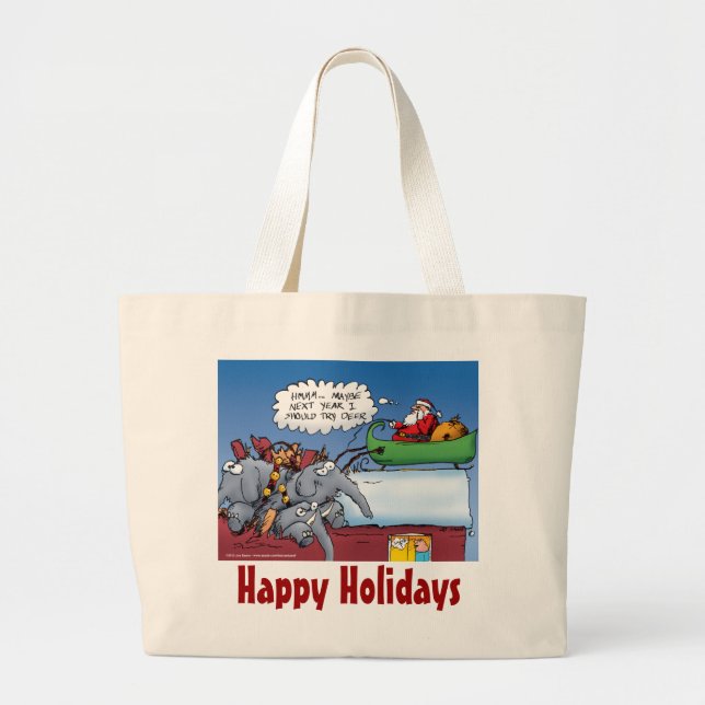 Bolsa Tote Grande Cartoon de Feriado Encantado por Elefantes Santas (Frente)