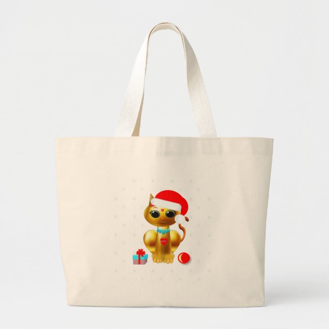 Bolsa Tote Grande Cartoon de gato ouro bonitinho de Natal (Frente)