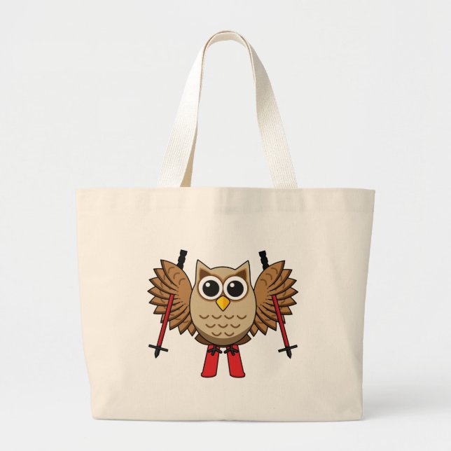 Bolsa Tote Grande Cartoon de Skiing Coruja (Frente)