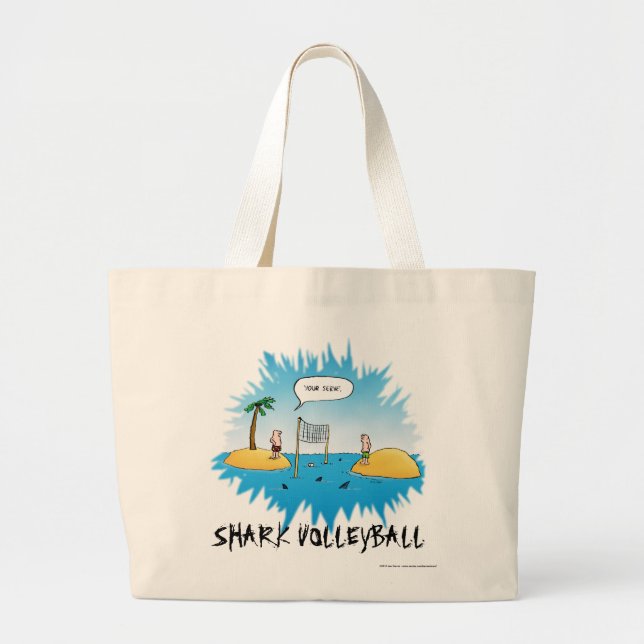 Bolsa Tote Grande Cartoon Engraçado de Voleibol de Tubarão (Frente)