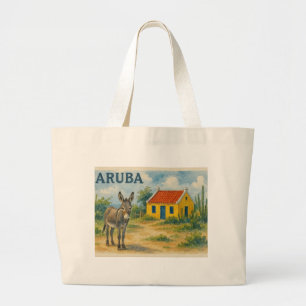Bolsa Tote Grande Casa cunucu amarela de Aruba com burro aquarela