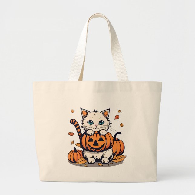 Bolsa Tote Grande Cat e Jack-o-Lanterna (Frente)