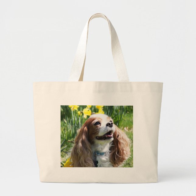 Bolsa Tote Grande Cavalier King Charles Spaniel Blenheim sorridente (Frente)