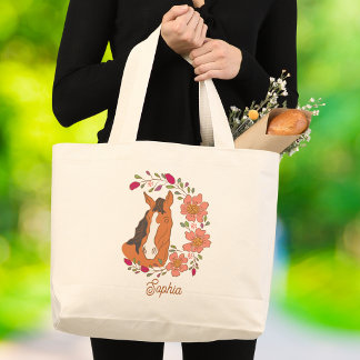 Bolsa Tote Grande Cavalo Floral Botânico Nome Personalizado