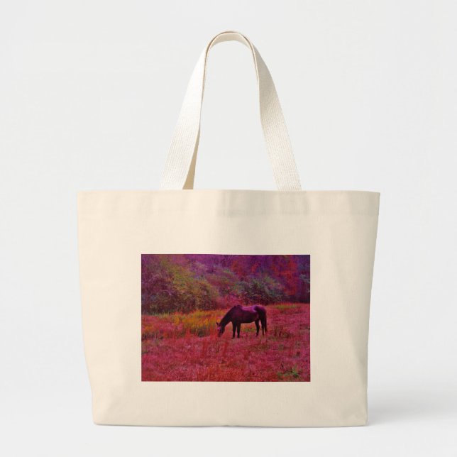 Bolsa Tote Grande Cavalo num Campo Colorido de Caleidoscópio (Frente)