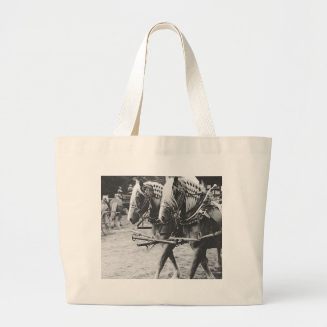 Bolsa Tote Grande Cavalos de Rascunho de Trabalho em Preto e Branco (Frente)