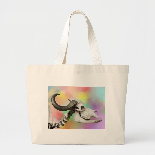 Bolsa Tote Grande Caveira de Buffalo em Fundo de Aquarela (Frente)
