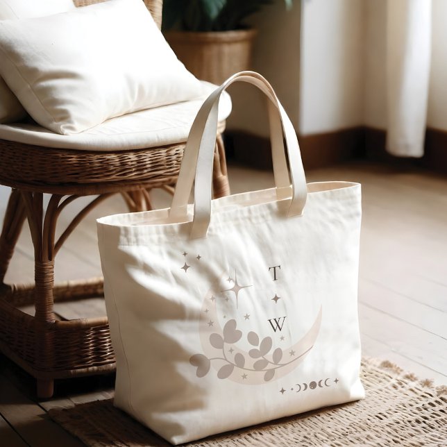 Bolsa Tote Grande Celestial Moon Star Monograma Boho Bridesmaid (Celestial Moon Star Monogram Boho Bridesmaid Large Tote Bag)