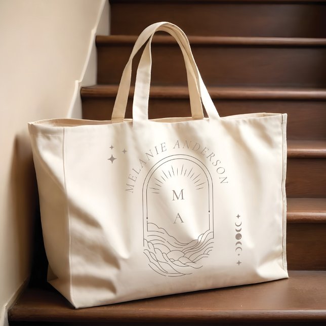 Bolsa Tote Grande Celestial Moon Star Monograma Boho Bridesmaid (Celestial Moon Star Monogram Boho Bridesmaid Name Large Tote Bag)
