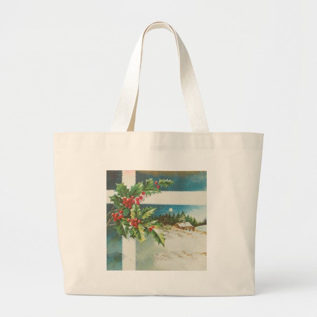 Bolsa Tote Grande Cena de Natal Holly Snow Winter (Frente)