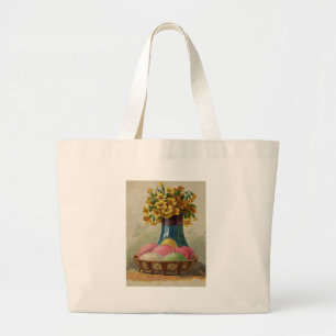 Bolsa Tote Grande Cesta de Páscoa Ovos Flores Antigo