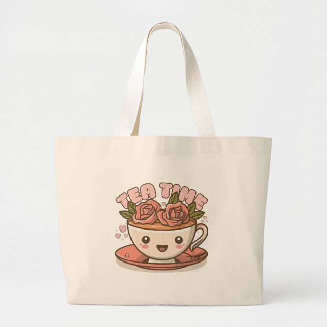 Bolsa Tote Grande Chá Hora Rosa Chá Kawaii (Frente)