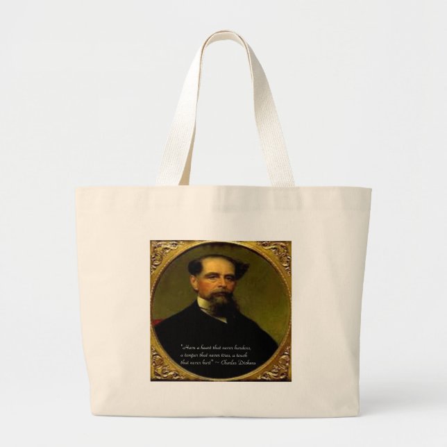 Bolsa Tote Grande Charles Dickens & Citação de Coração (Frente)