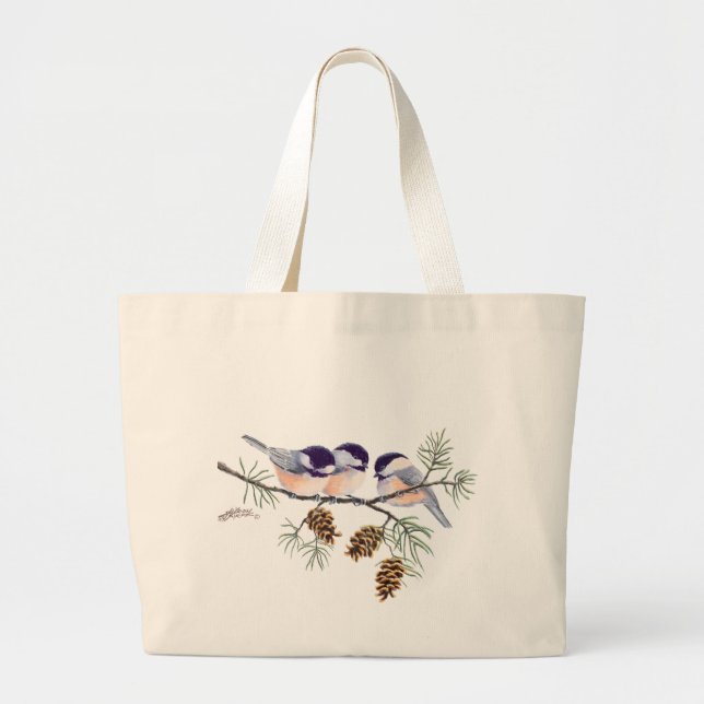 Bolsa Tote Grande CHICKADEE & PINE CONES por SHARON SHARPE (Frente)