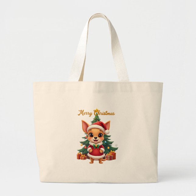 Bolsa Tote Grande Chihuahua Dog Merry Christmas (Frente)