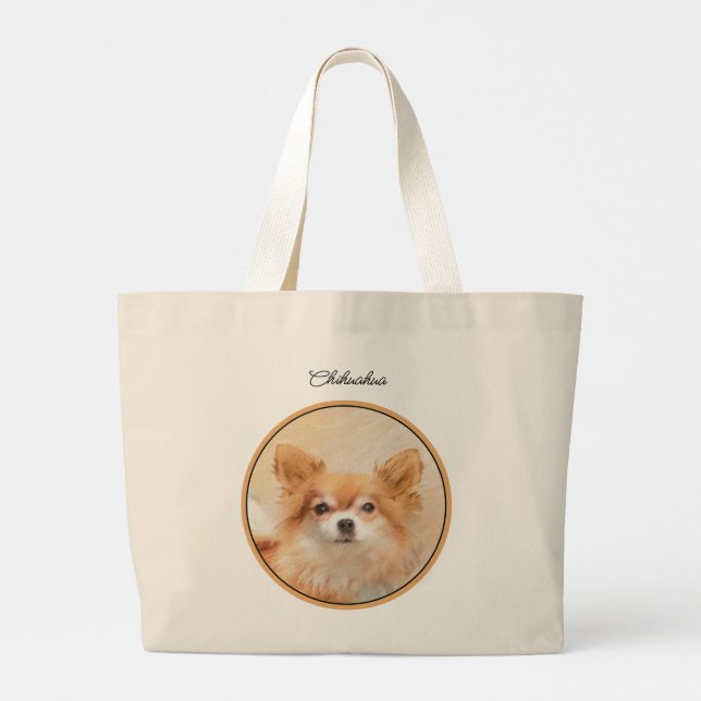 Bolsa Tote Grande Chihuahua Pintura De Cachorro De Cabelo Longo (Verso)