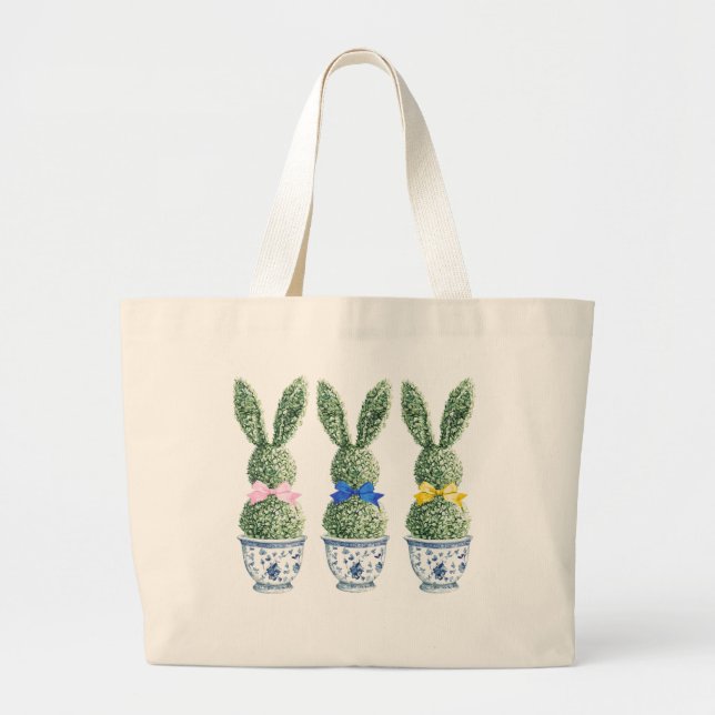 Bolsa Tote Grande Chinoiserie Azul e Branco Com Topiárias de Coelho (Frente)