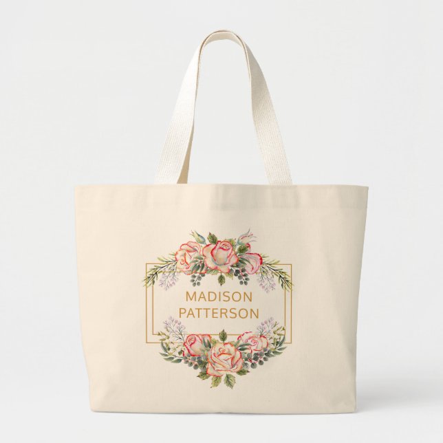 Bolsa Tote Grande Chique Elegante Personalizado Floral Aquarela Femi (Frente)