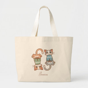 Bolsa Tote Grande Cinza de Gêmeos Gatos-Gatos-Gato e Gatinho-Laranja