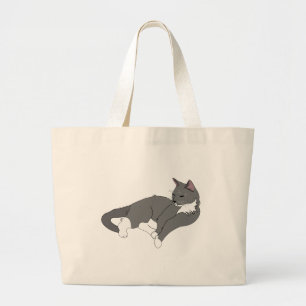 Bolsa Tote Grande Cinza e Gato de Tuxedo Branco