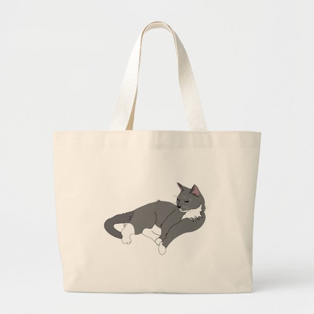 Bolsa Tote Grande Cinza e Gato de Tuxedo Branco (Frente)