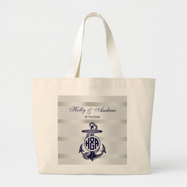 Bolsa Tote Grande Círculo Marinho Branco de Prata Anchor Azul Monogr (Frente)