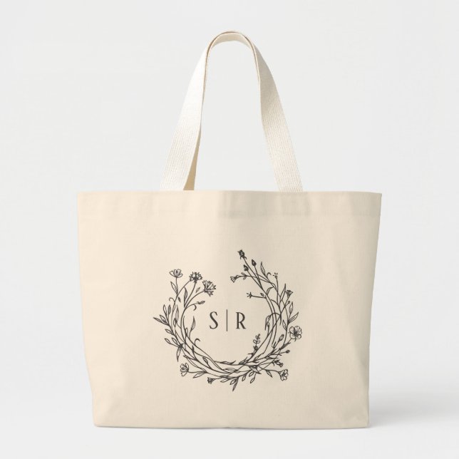 Bolsa Tote Grande Classy Floral Monogram Wedding Welcome Guest (Frente)