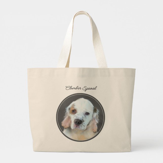 Bolsa Tote Grande Clumber Spaniel Puppy Pintura Original (Verso)