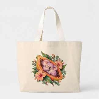 Bolsa Tote Grande Coala Sonolento Flores Tropicais de Mamão Papaia
