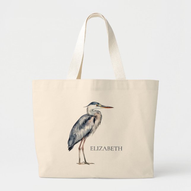 Bolsa Tote Grande Coastal Blue Heron Bird Personalized (Frente)