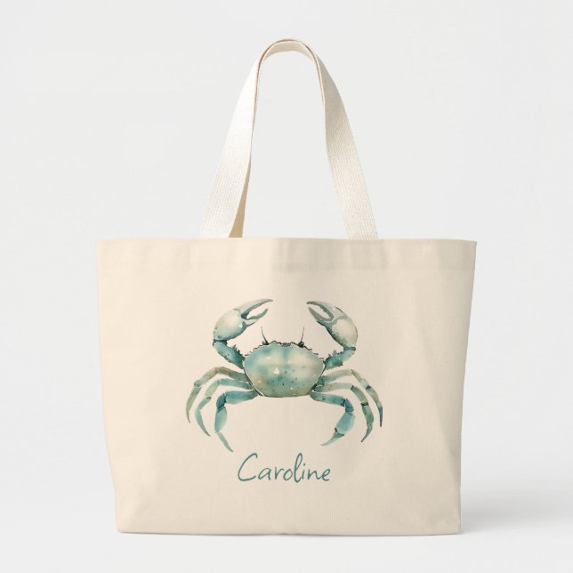 Bolsa Tote Grande Coastal Watercolor Crab Personalized (Frente)