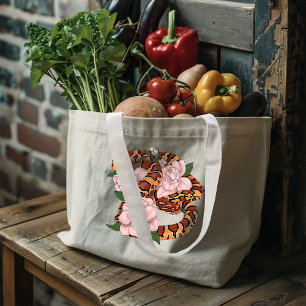 Bolsa Tote Grande Cobra do Milho Vibrante Flores de Peônia Rosa Verd