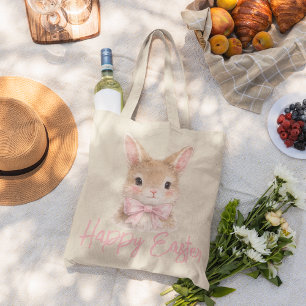 Bolsa Tote Grande Coelho em Aquarela com Laço Rosa Coelhinho de Pá