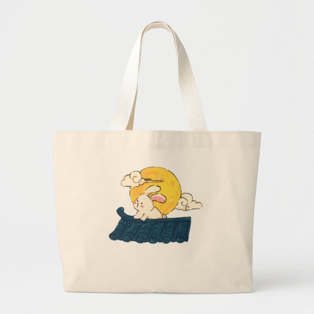Bolsa Tote Grande Coelho Fofo Sob a Lua (Frente)