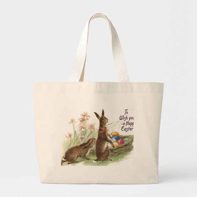 Bolsa Tote Grande Coelhos de Páscoa castanha-vindima, ovos em cesta, (Frente)