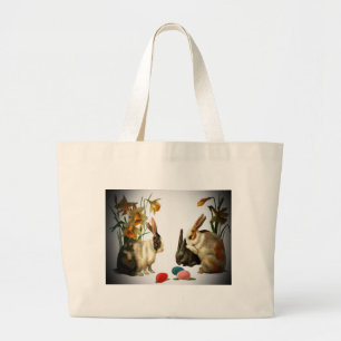 Bolsa Tote Grande Coelhos do vintage da páscoa que olham os ovos de