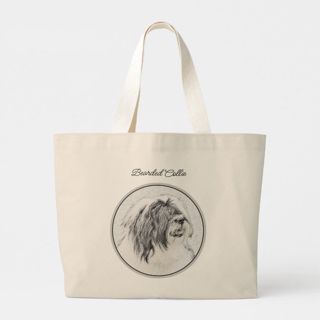 Bolsa Tote Grande Collie Beardie Negra Desenhando Arte Negra (Verso)