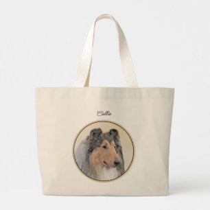 Bolsa Tote Grande Collie Painting Rough Tricolor Original Dog Art