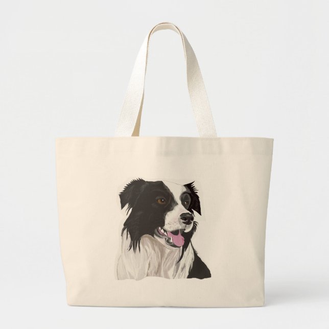 Bolsa Tote Grande Collie Preto e Branco com olhos castanhos (Frente)